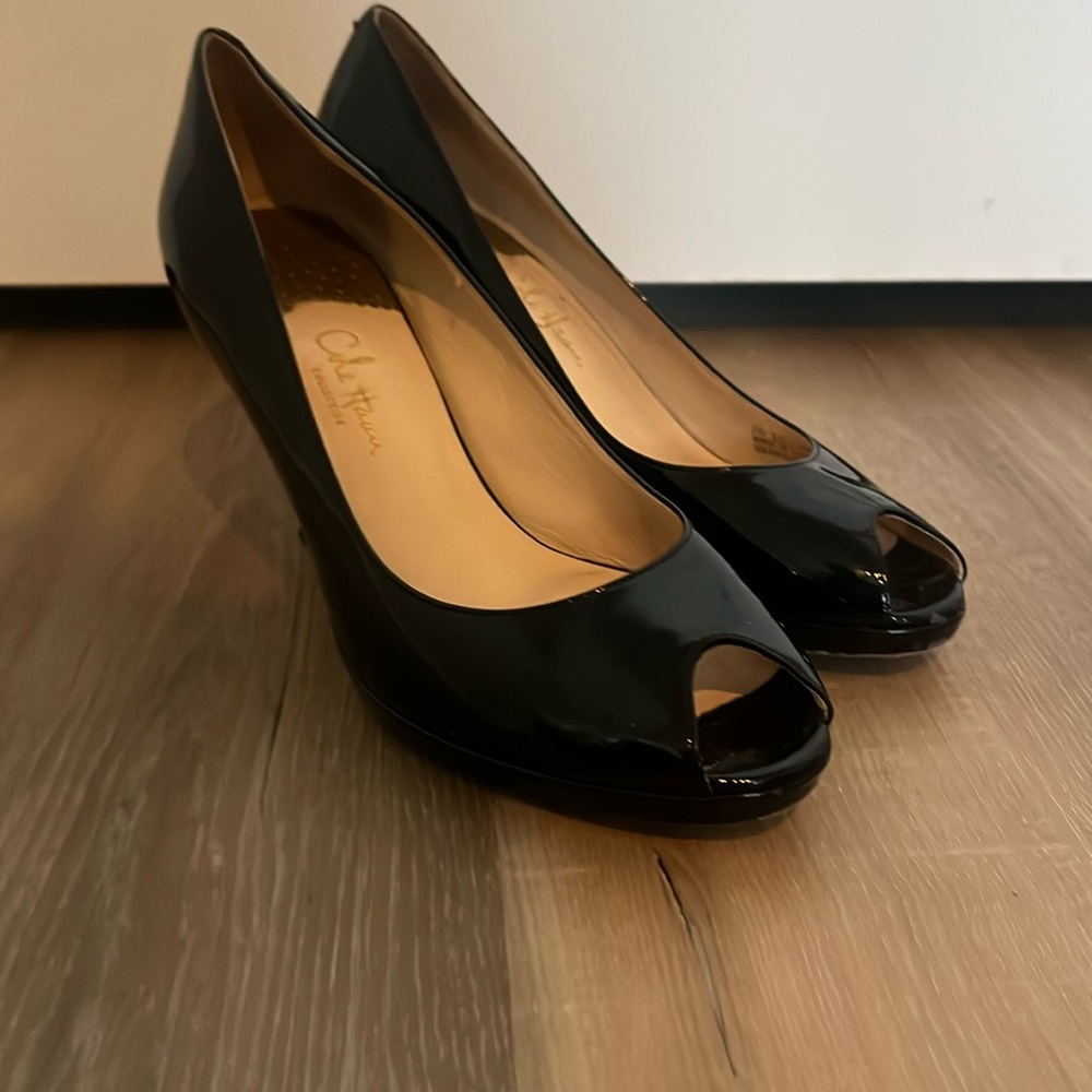 Cole Haan Black Patent Peep Toe Heels